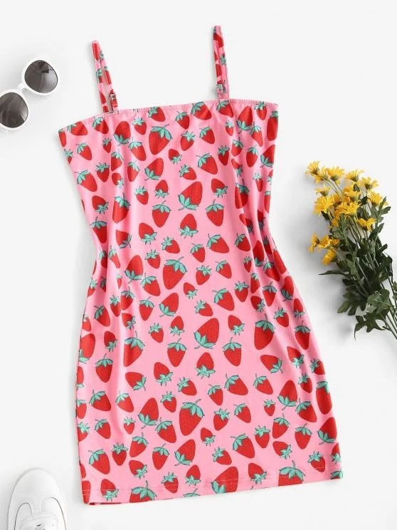 Weekend Flash Savings Cami Strawberry Print Bodycon Dress