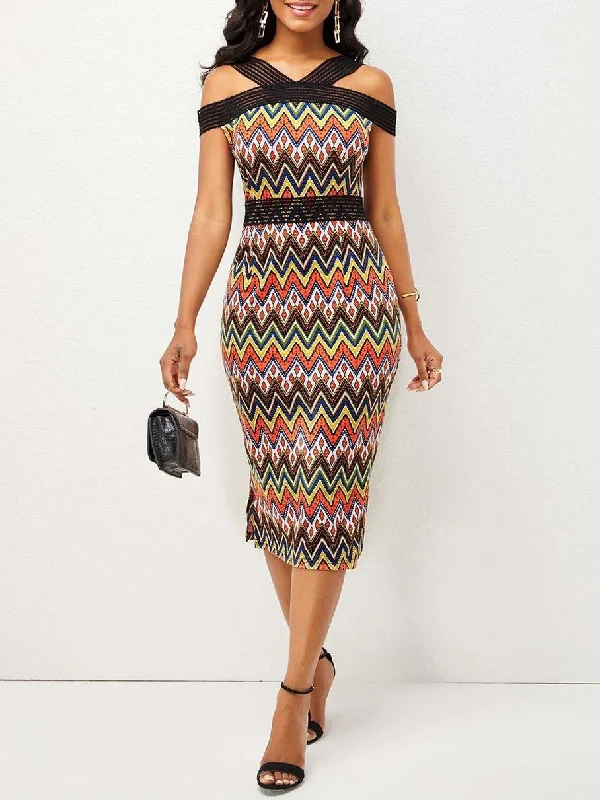 Big Savings Chevron Print Cold Shoulder Short Sleeve Bodycon Midi Dress