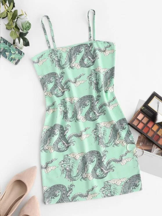 Weekend Clearance Event Chinoiserie Dragon Print Bodycon Cami Dress