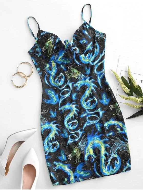 Weekend Hot Bargains Dragon Print Underwire Bodycon Dress