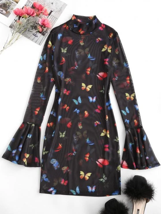 Weekend Mega Sale Event Flare Sleeve Mesh Butterfly Print Bodycon Dress