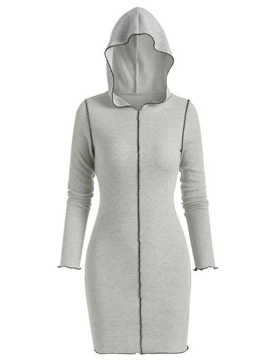 Weekend Best Deals Hooded Rib-knit Slinky Topstitching Bodycon Dress