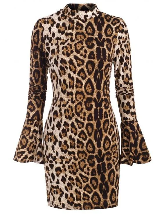 Weekend Discount Rush Leopard Mock Neck Long Sleeve Bodycon Dress