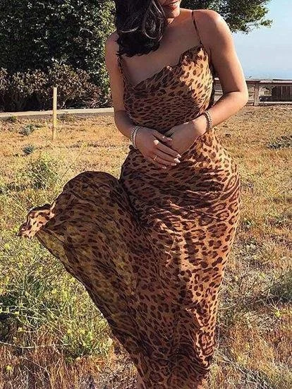 Unbeatable Flash Deals Leopard Print Backless Bodycon Maxi Dress With Straps for Women