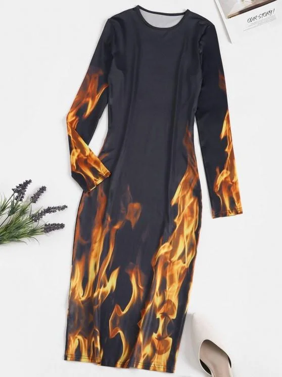 Weekend Exclusive Discounts Long Sleeve Hot Flame Print Bodycon Dress
