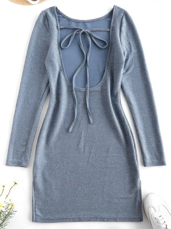 Weekend Shopping Fever Metallic Thread Open Back Tie Bodycon Glitter Dress