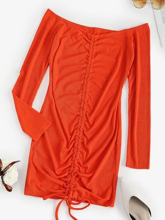 Weekend Super Sale Off The Shoulder Ribbed Cinched Bodycon Dress
