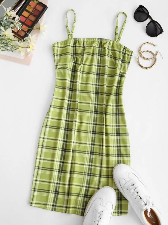 Weekend Hot Offers Plaid Bodycon Cami Mini Dress