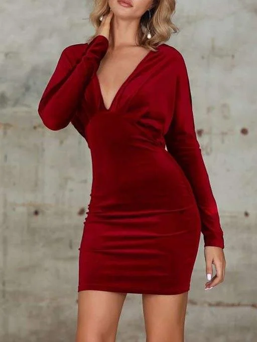 Instant Savings Plunge Neck Batwing Sleeve Velvet Bodycon Dress for Women