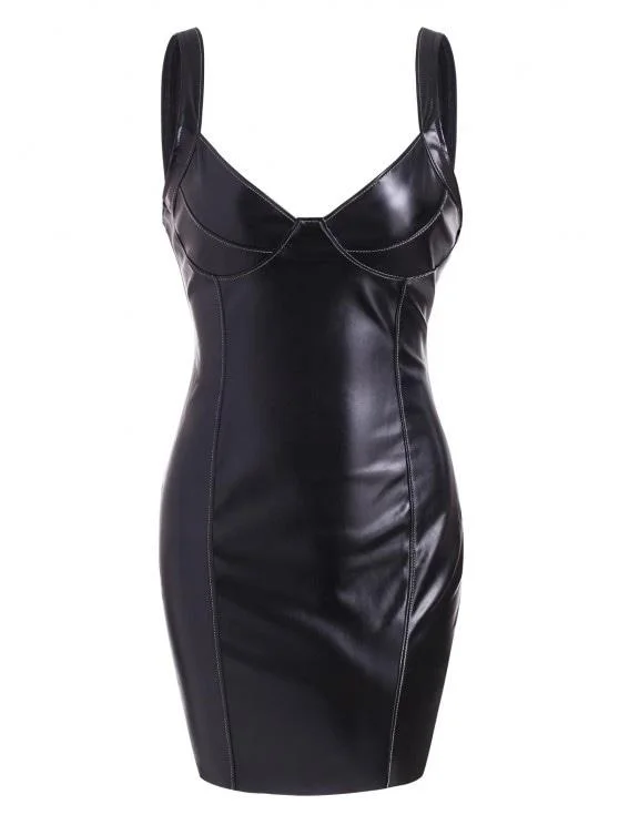 Weekend Special Bargains PU Leather Slinky Topstitching Bodycon Bustier Dress