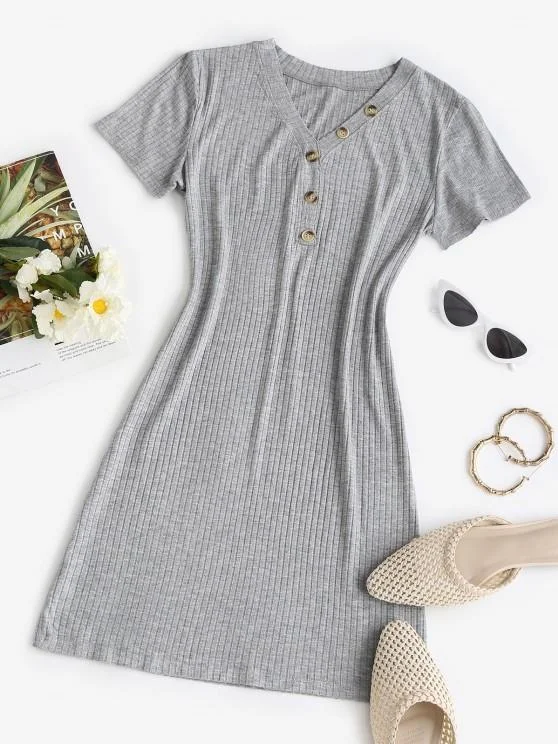 Weekend Buy One Get One Rib-knit Buttoned Slinky Bodycon Dress