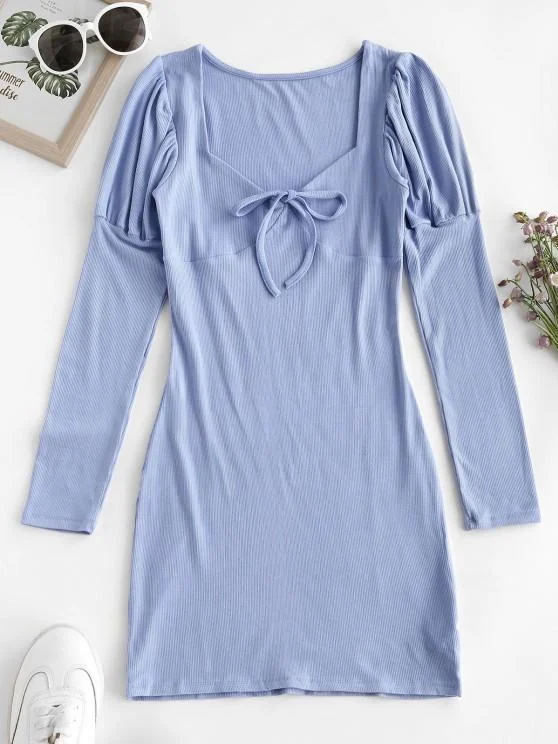 Shop & Save Today Ribbed Puff Sleeve Tie Collar Bodycon Dress for Women