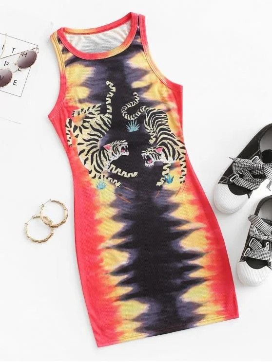 Hot Savings Alert Ribbed Tiger Print Tie Dye Bodycon Tank Dress for Women