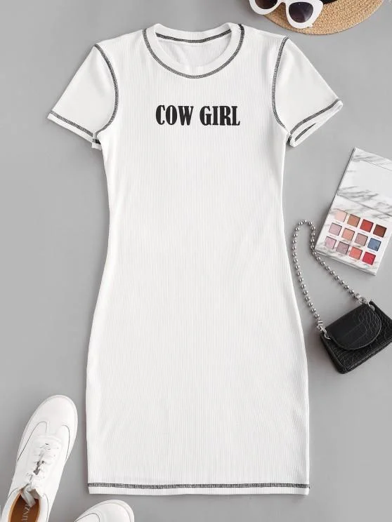 Weekend Steals and Deals Ribbed Topstitch Cow Girl Graphic Bodycon Dress