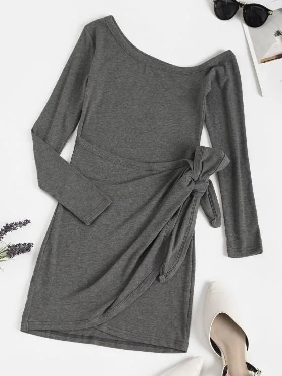 Crazy Price Cuts Skew Collar Tie Waist Long Sleeve Bodycon Dress for Women