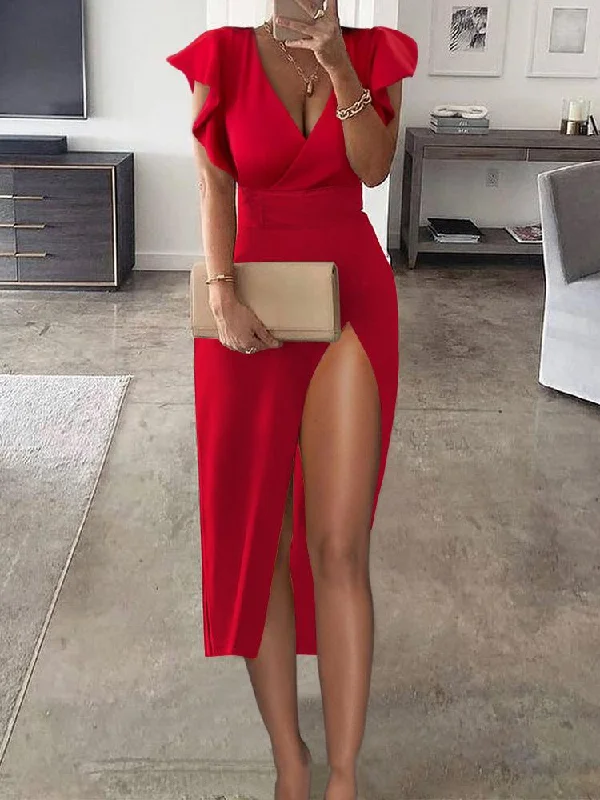 Price Slash Solid Ruffled Sleeve Slit Bodycon Dress