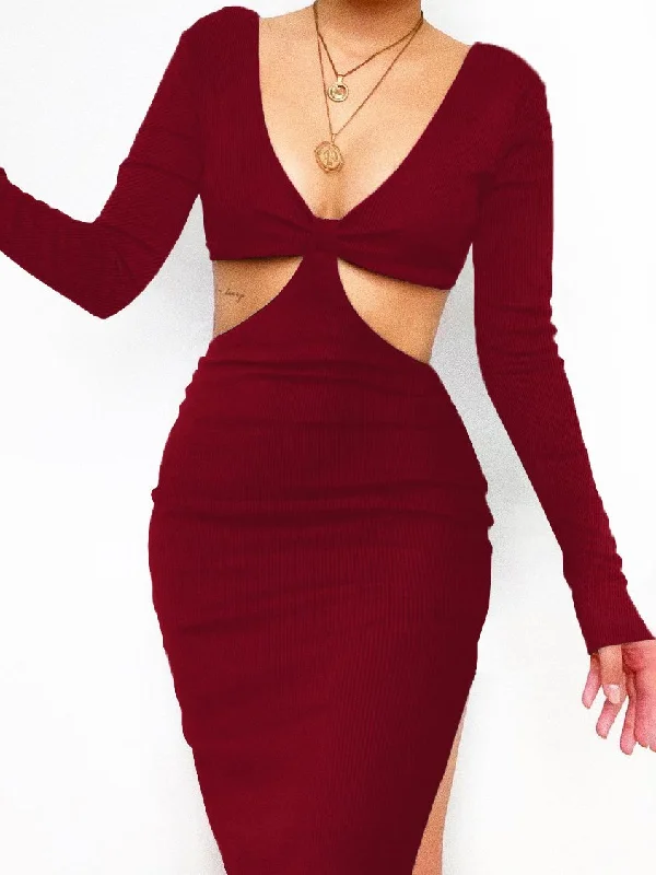 Bargain Alert Solid V-neck Long-sleeved Waistless Backless Bodycon Dress