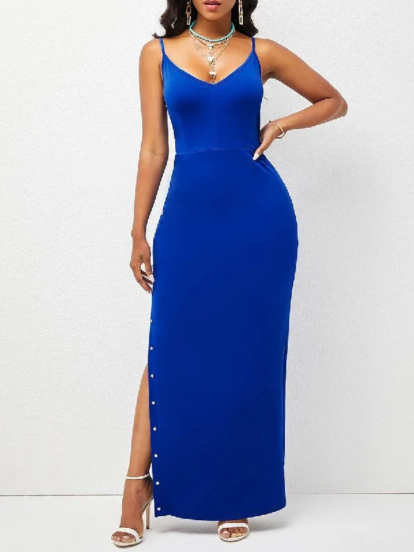 Weekend Steals Await Spaghetti Strap Button Detail Slit Bodycon Dress for Women