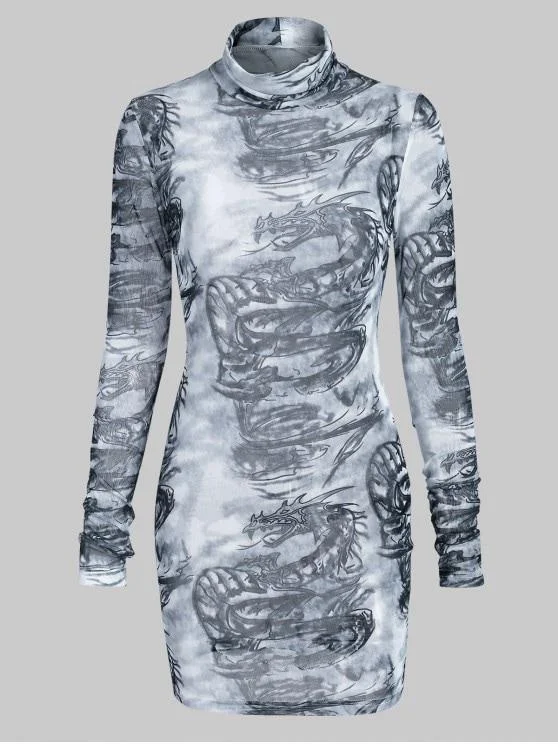 Price Slash Alert Turtleneck Oriental Dragon Print Sheer Mesh Bodycon Dess for Women