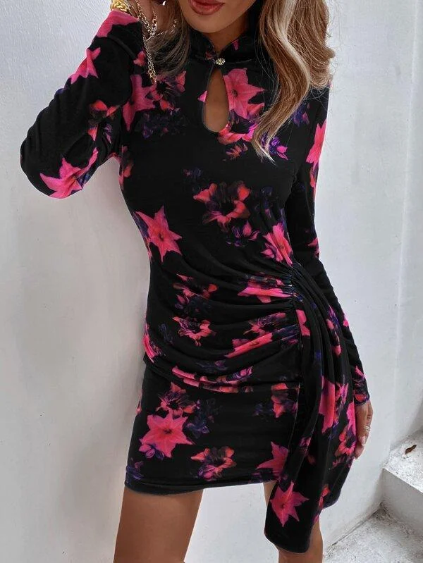 Sale Alert Velvet Floral Pattern Mandarin Collar Draped Bodycon Dress for Women