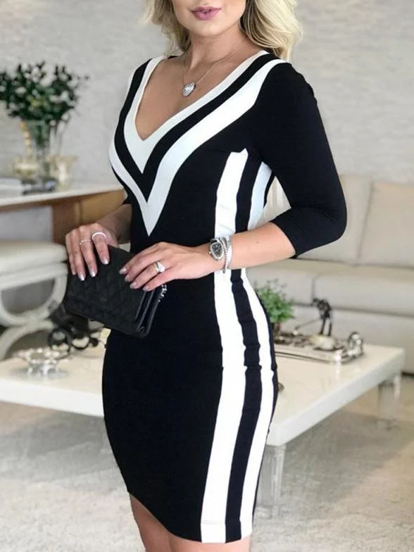 Limited Edition Women's Dresses Deep V-Neck Black White Stitching Bodycon Dresses