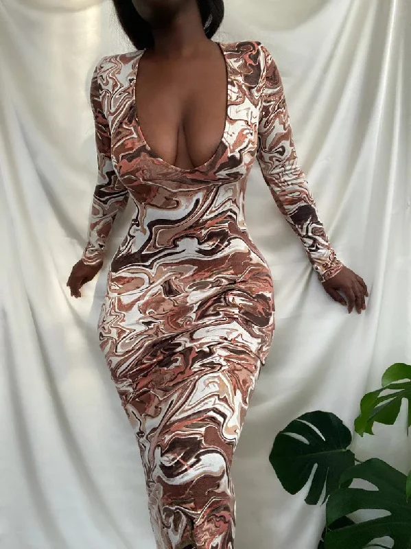 Flash Sale Women's Dresses V-Neck Tie-Dye Print Long Sleeve Bodycon Dresses