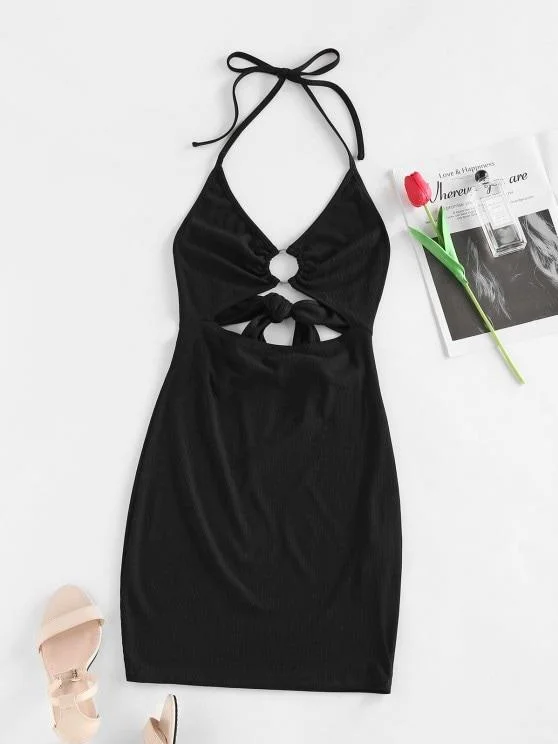 Weekend Savings Bonanza O Ring Back Tie Halter Ribbed Bodycon Dress