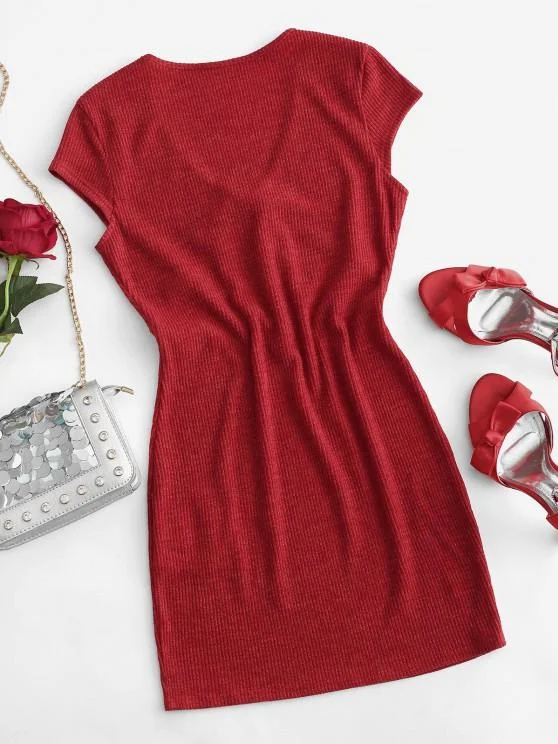 Weekend Bargain Deals Tie Collar Cap Sleeve Ribbed Bodycon Dress