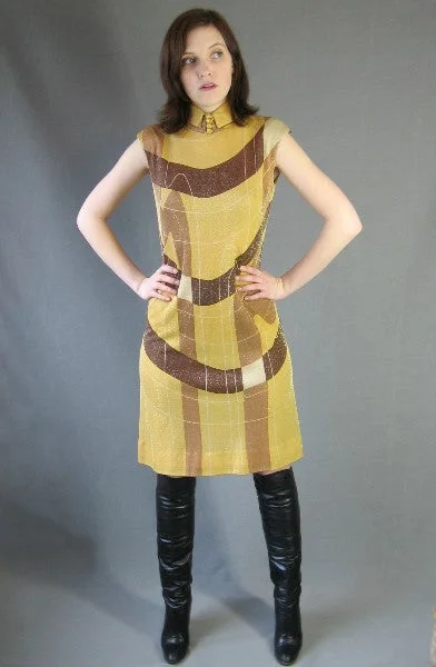 Weekend Buy More Save More 60s Mod Gold Metallic Dress Vintage Op Art Modest Small Mason Edwards VFG Weekend Buy More Save More 60s Mod Gold Metallic Dress Vintage Op Art Modest Small Mason Edwards VFG