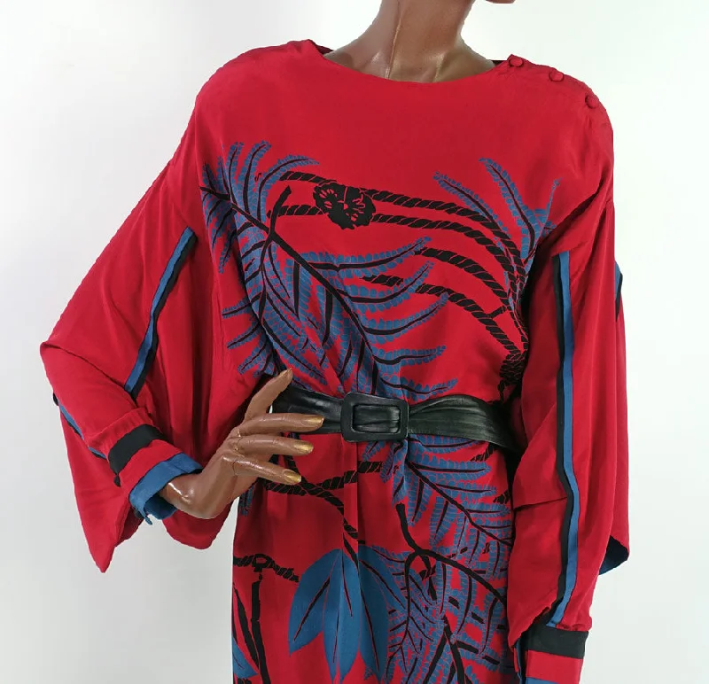 Weekend Discount Fest 80s Dress Dramatic Vintage Wedding Guest Silk Kimono Sleeves Bold Graphic Print Women's Medium Sue Wong VFG Weekend Discount Fest 80s Dress Dramatic Vintage Wedding Guest Silk Kimono Sleeves Bold Graphic Print Women's Medium Sue Wong VFG