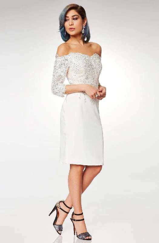 Weekend Shop Now Clarisse - M6566 Lace Off-Shoulder Satin Sheath Knee Length Dress
