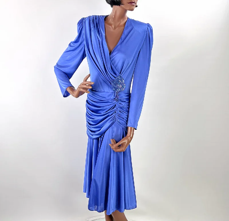 Weekend Best Deals Dramatic 80s Cocktail Dress Women's Vintage Periwinkle Draped Sparkly Accent M/L Filigree VFG Weekend Best Deals Dramatic 80s Cocktail Dress Women's Vintage Periwinkle Draped Sparkly Accent M/L Filigree VFG
