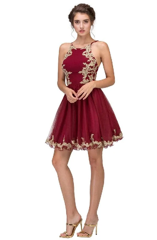 Flash Discounts Eureka Fashion - 6026 Gold Appliqued Halter Cocktail Dress