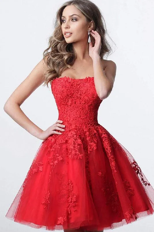 Weekend Sale Marathon JVN by Jovani - JVN1830 Strapless Floral Lace Applique Tulle Cocktail Dress