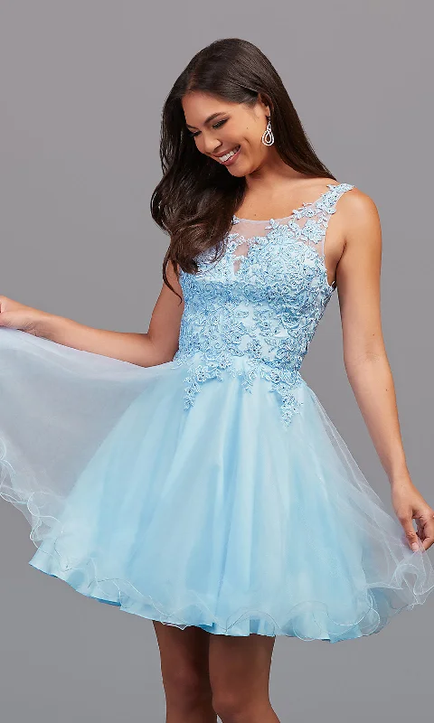 Shop & Save Now Babydoll Sleeveless Embroidered Short Prom Dress